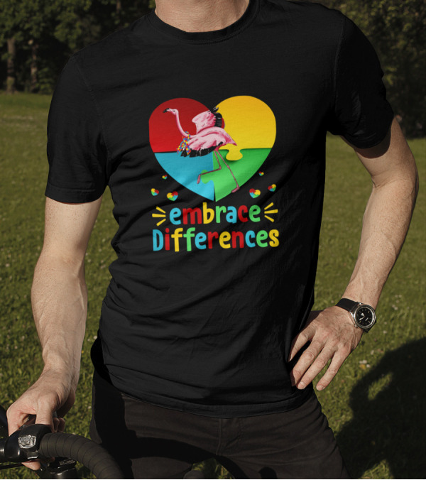 Embrace Differences Colorful Flamingo Heart Puzzle Autism T-Shirt