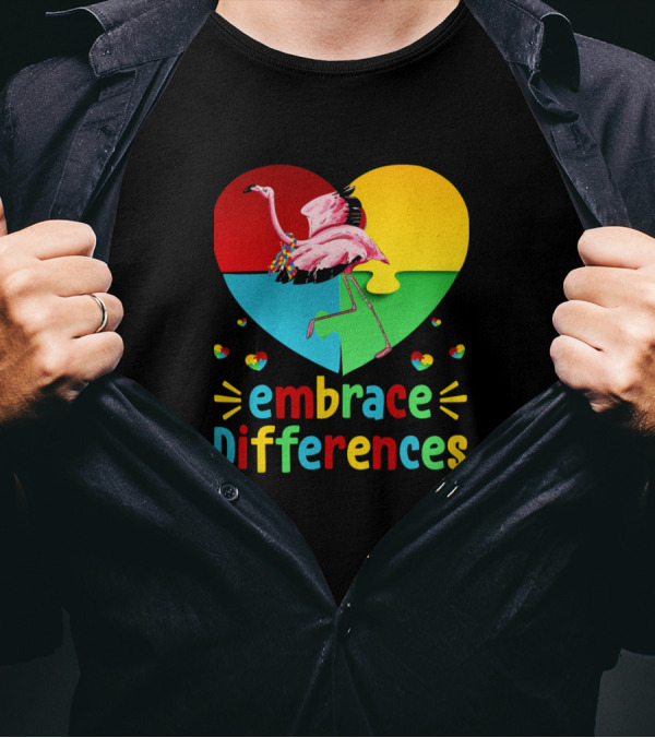 Embrace Differences Colorful Flamingo Heart Puzzle Autism T-Shirt