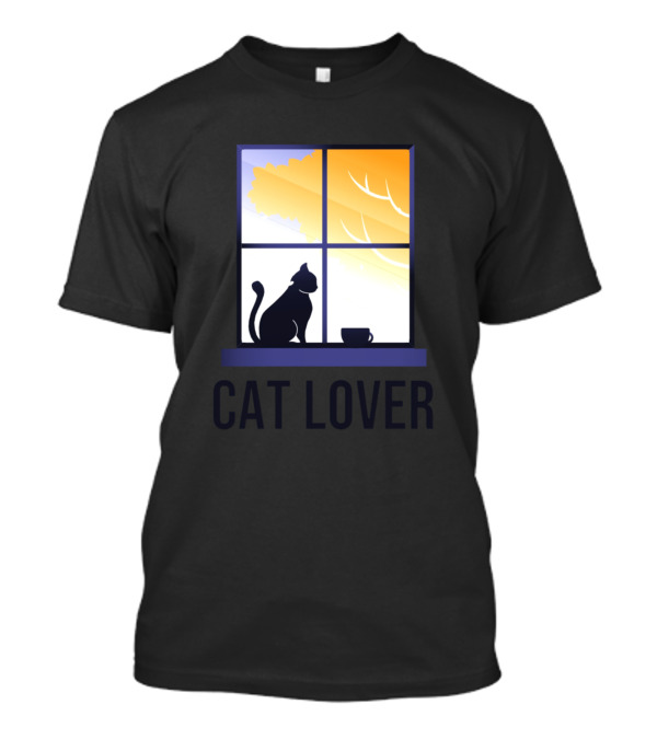 Cat Lover Silhouette With Coffee By Window And Sunset T-Shirt
