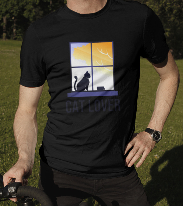 Cat Lover Silhouette With Coffee By Window And Sunset T-Shirt