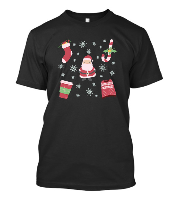Santa Snowflakes Christmas Stocking Candy Cane Coffee T-Shirt
