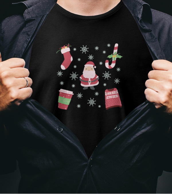 Santa Snowflakes Christmas Stocking Candy Cane Coffee T-Shirt