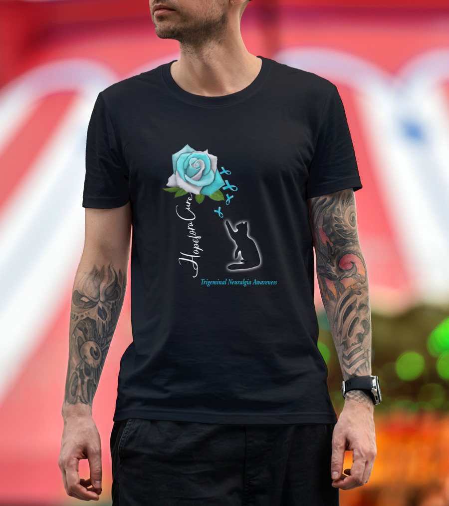 Hope For A Cure Trigeminal Neuralgia Awareness Blue Rose Ribbon Cat T-Shirt