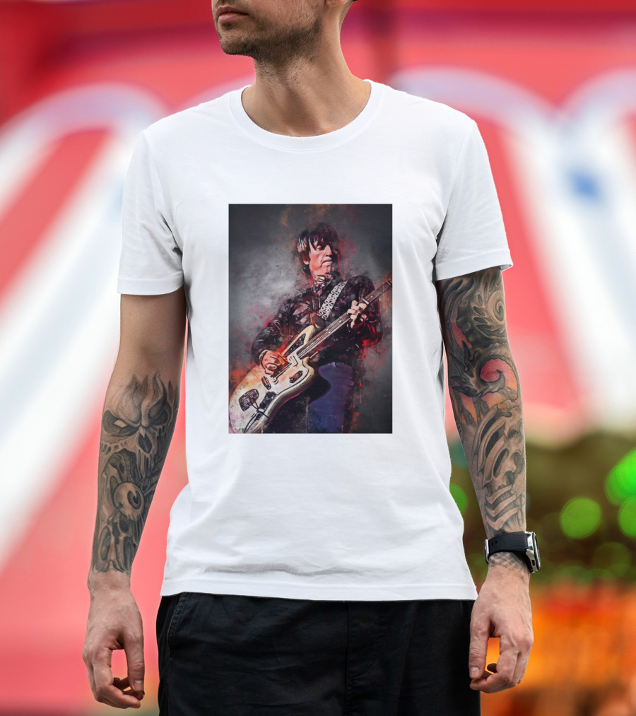 Johnny Marr Playing Electric Guitar with Vibrant Artistic Background T-Shirt