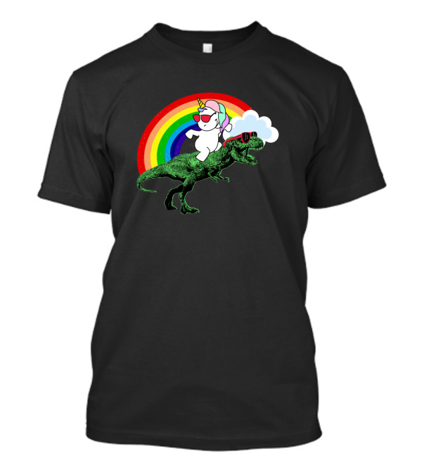 Party Dinosaur Rex With An Unicorn Under Rainbow Cloud T-Shirt