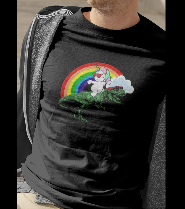 Party Dinosaur Rex With An Unicorn Under Rainbow Cloud T-Shirt