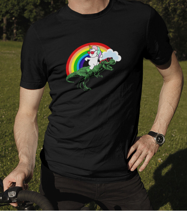Party Dinosaur Rex With An Unicorn Under Rainbow Cloud T-Shirt