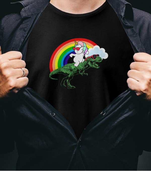 Party Dinosaur Rex With An Unicorn Under Rainbow Cloud T-Shirt