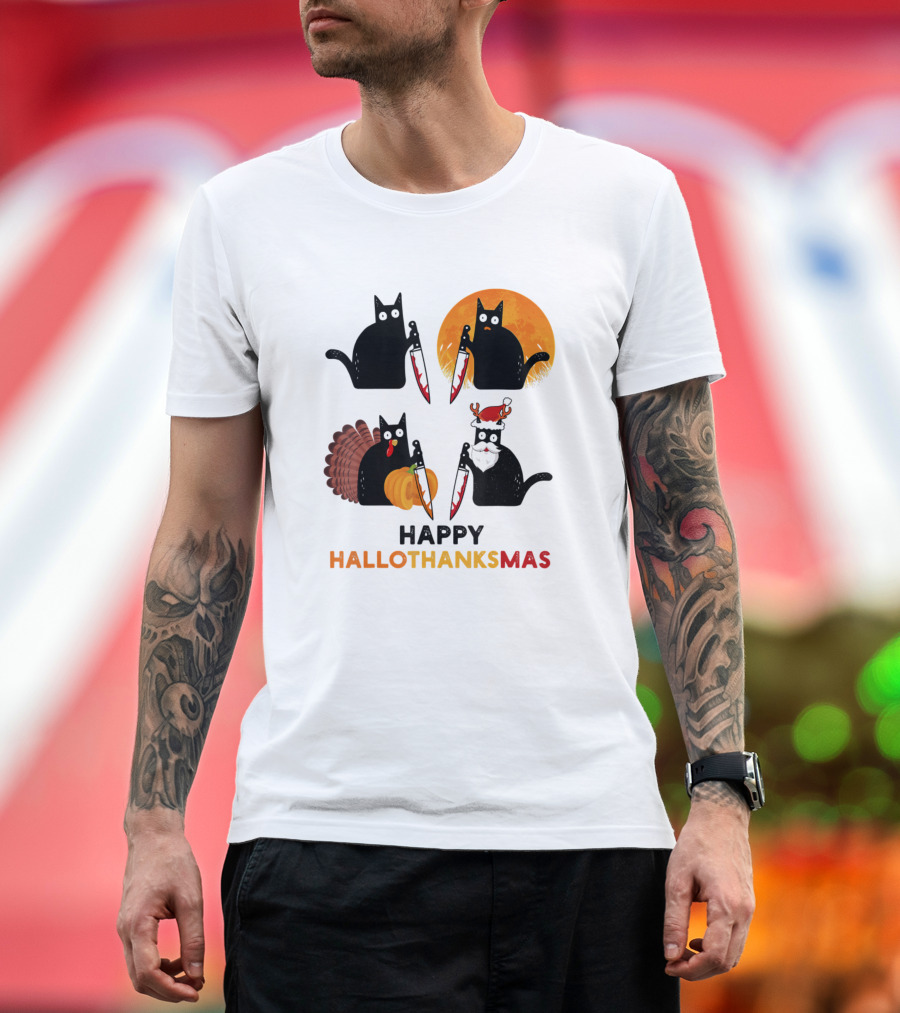 Happy Hallothanksmas Black Cat Halloween Thanksgiving Christmas T-Shirt