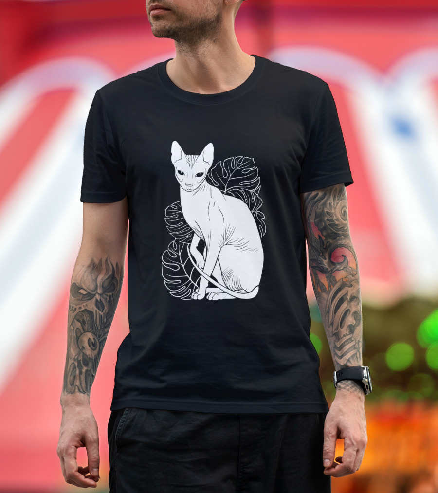 Chill White Sphynx Cat with Monstera Leaves T-Shirt