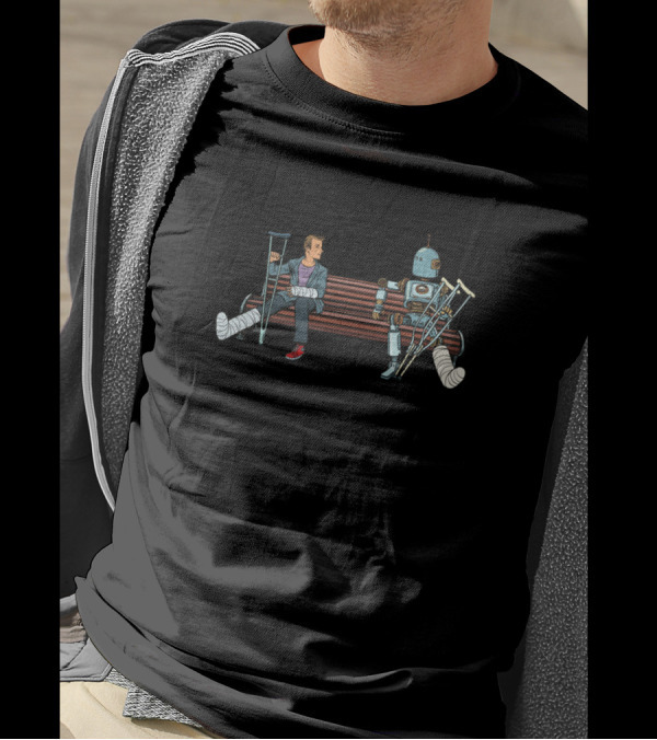 Human And Robot Sitting On Bench With Crutches And Casts T-Shirt