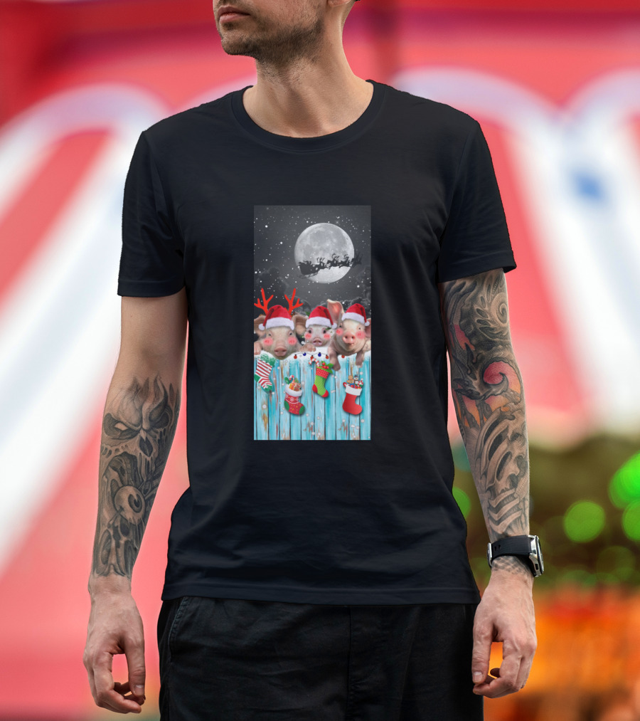 Pig Christmas Sock Santa Hats and Moonlit Farm Scene T-Shirt