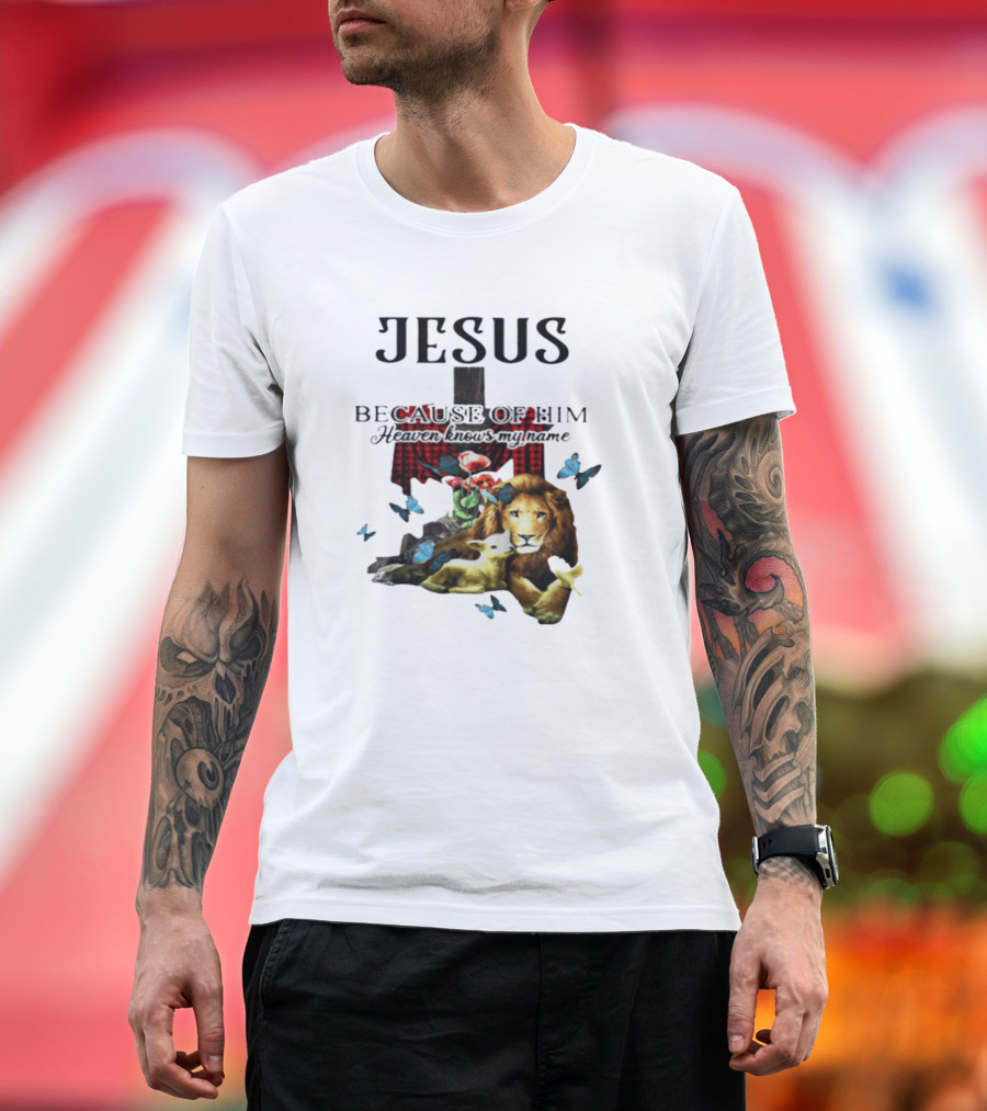 Jesus Because Of Him Heaven Knows My Name Cross Lion Lamb Butterflies Plaid T-Shirt
