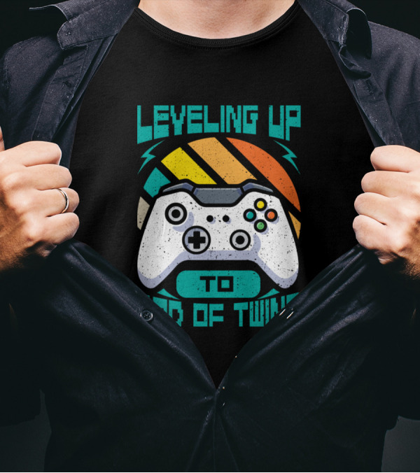 Leveling Up To Dad Of Twins Gamer Controller Retro Sunset T-Shirt