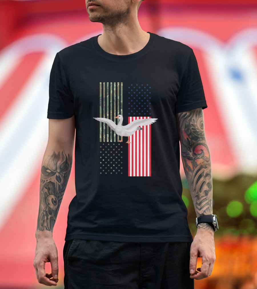 Us Flag Goose Stars Stripes Camo Nature Bird T-Shirt