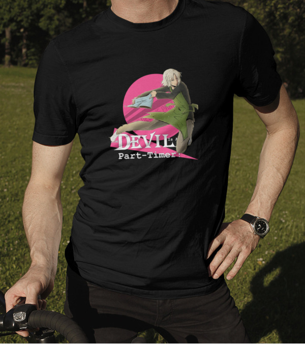 Shiro Ashiya Dynamic Pose The Devil Is A Part-Timer Pink Circle Background T-Shirt