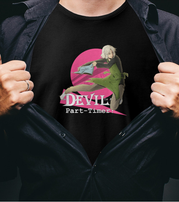 Shiro Ashiya Dynamic Pose The Devil Is A Part-Timer Pink Circle Background T-Shirt