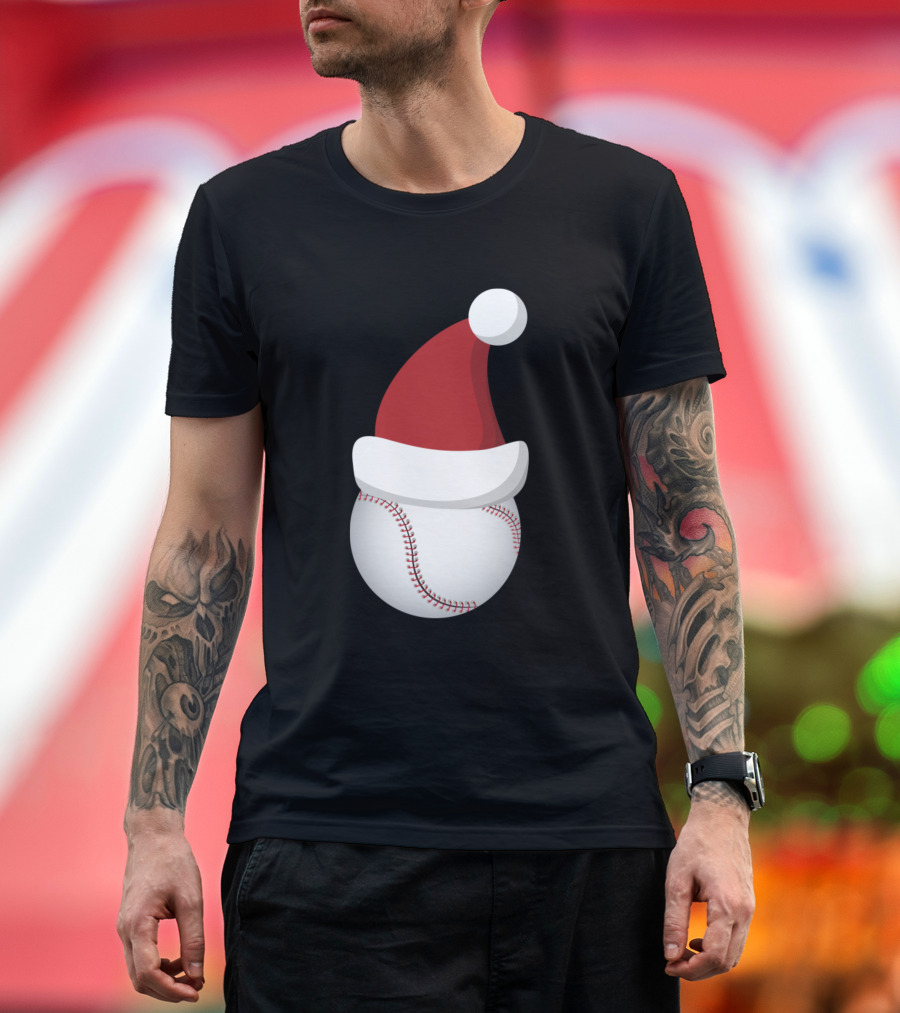 Christmas Baseball Ball Santa Hat Funny Sport T-Shirt