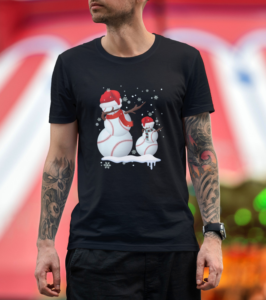 Dabbing Baseball Snowman with Santa Hat and Snowflakes T-Shirt