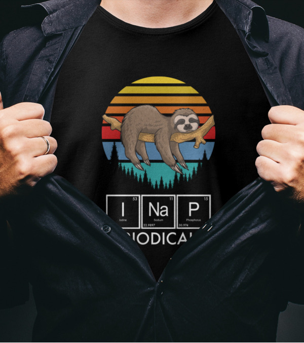 I Nap Periodically Sloth On Branch Over Striped Sunset With Periodic Table Elements T-Shirt