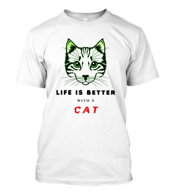 Life Is Better With A Cat Bright Neon Green Feline Face T-Shirt