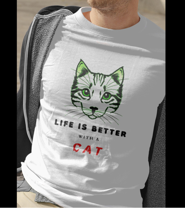 Life Is Better With A Cat Bright Neon Green Feline Face T-Shirt