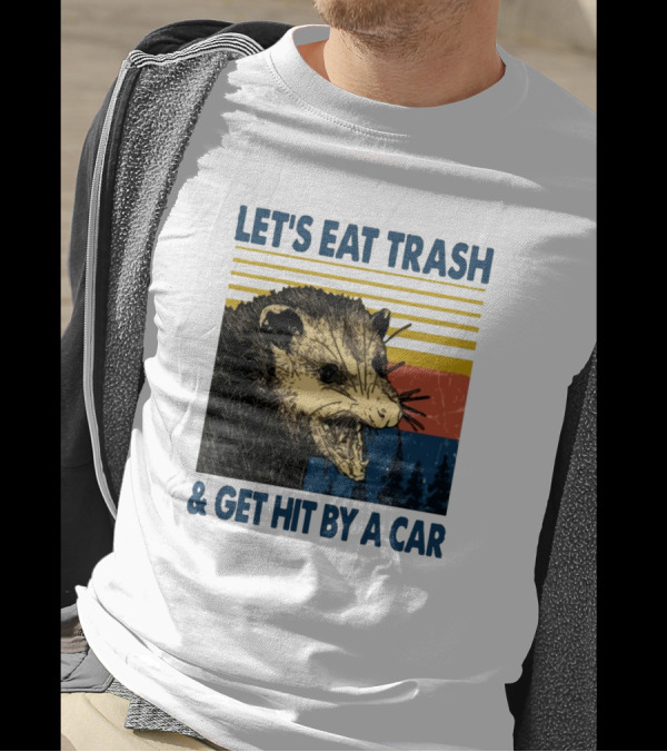 Opossum Let's Eat Trash And Get Hit By A Car Retro Style With Stripes And Trees T-Shirt
