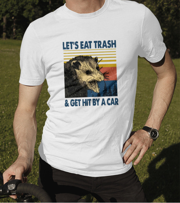 Opossum Let's Eat Trash And Get Hit By A Car Retro Style With Stripes And Trees T-Shirt
