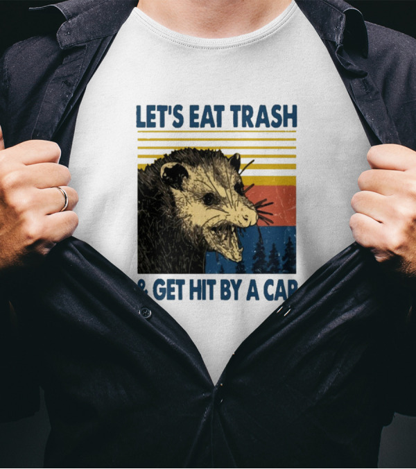 Opossum Let's Eat Trash And Get Hit By A Car Retro Style With Stripes And Trees T-Shirt