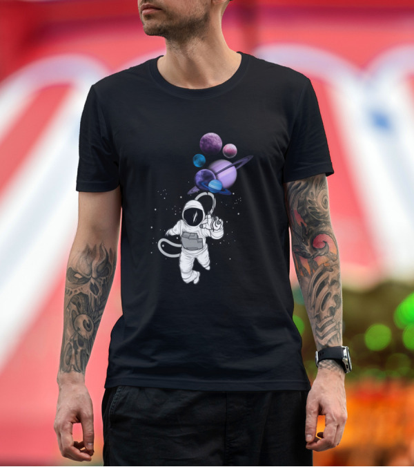 Premium T-Shirt: Astronaut Floating with Planet Balloons in Outer Space Fiction T-Shirt Astronaut Floating with Planet Balloons in Outer Space Fiction T-Shirt
