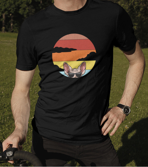 Best Cat Dad Sphynx Cat Ever Peeking Retro Sunset T-Shirt