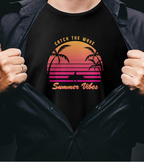 Catch The Wave Summer Vibes Palm Trees Sunset Surfing T-Shirt