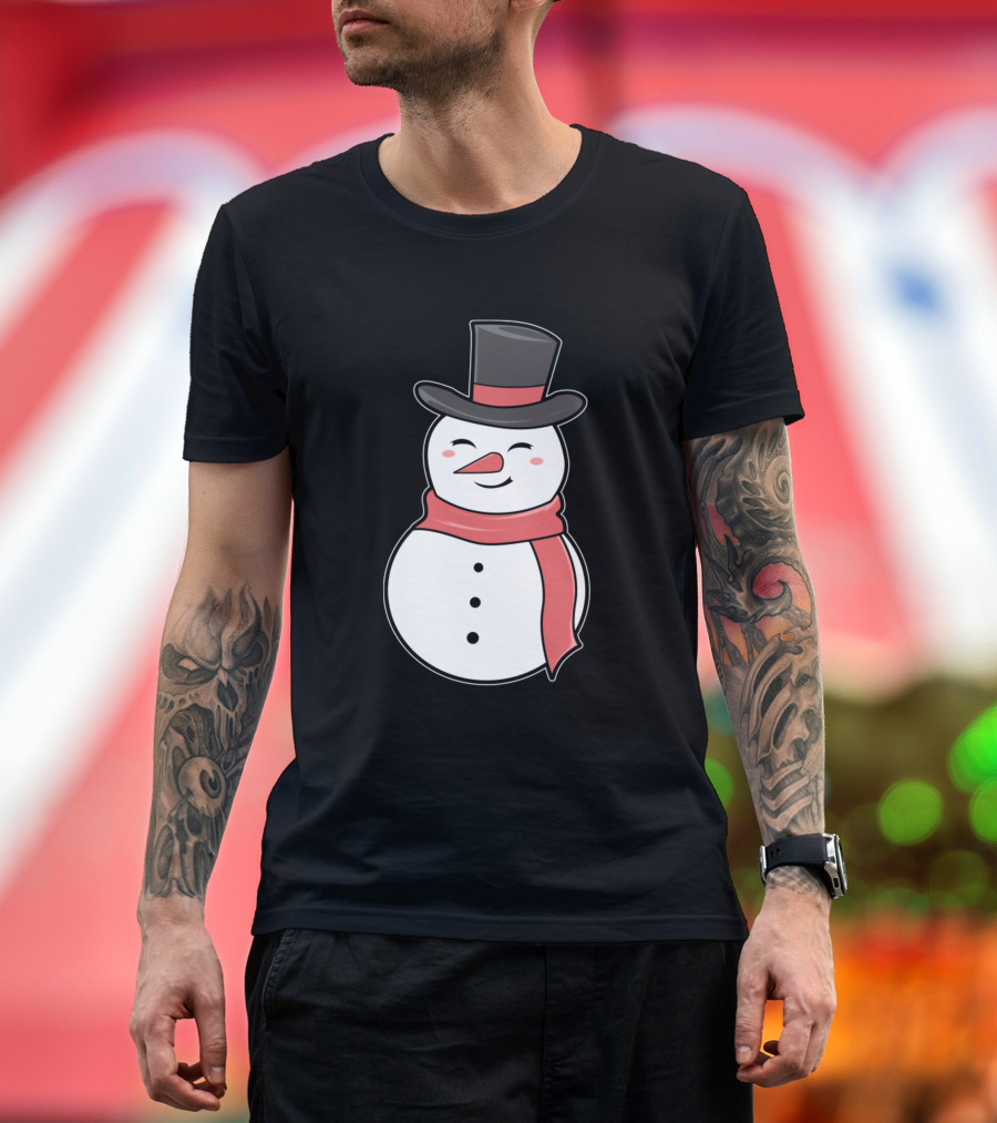 Smiling Snowman with Top Hat and Red Scarf T-Shirt