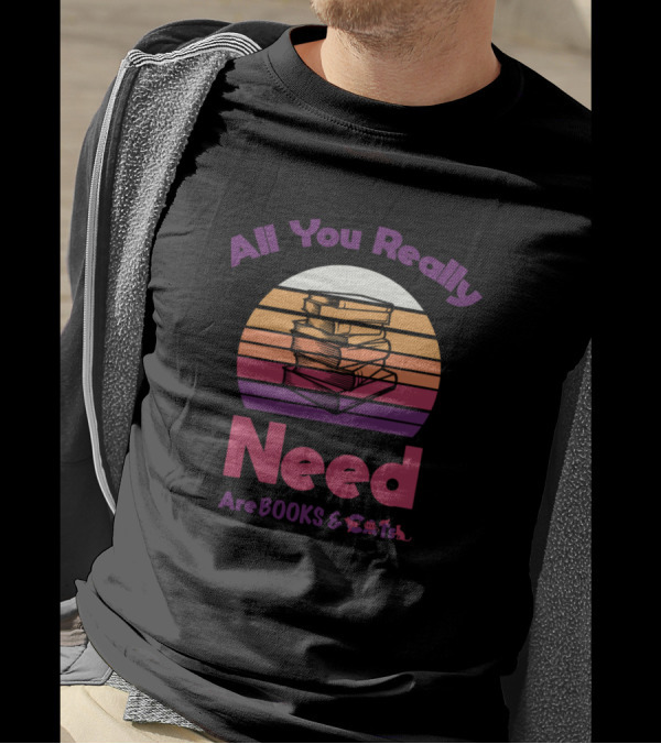 Retro Vintage All You Really Need Are Books And Cats Stacked Books Sunset Stripe T-Shirt