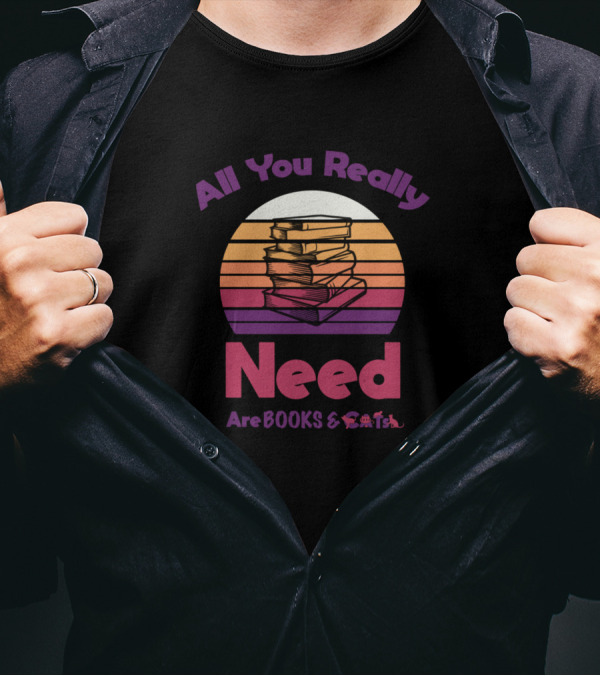 Retro Vintage All You Really Need Are Books And Cats Stacked Books Sunset Stripe T-Shirt