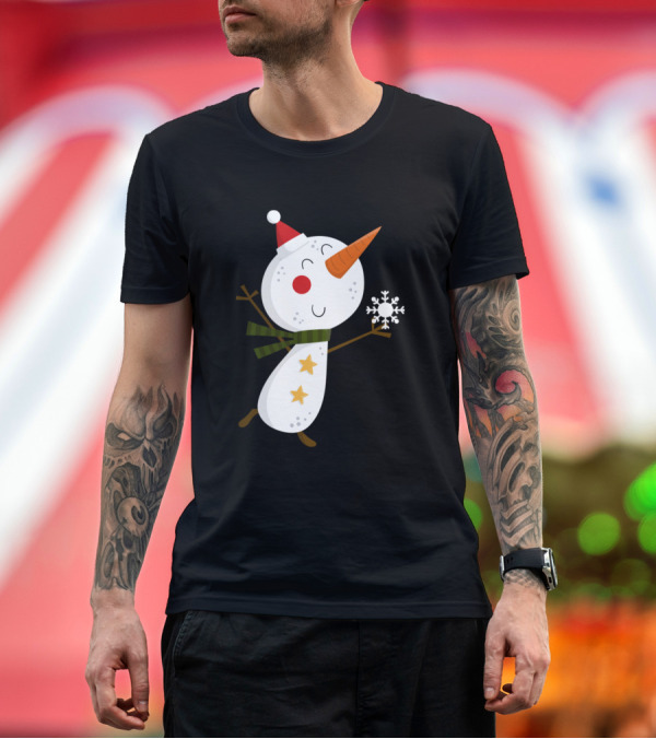 Premium T-Shirt: Snowman with Santa Hat Holding Snowflake and Green Scarf T-Shirt Snowman with Santa Hat Holding Snowflake and Green Scarf T-Shirt