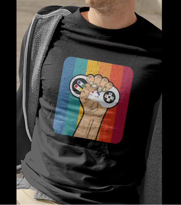 Retro Rainbow Fist Holding Game Controller T-Shirt