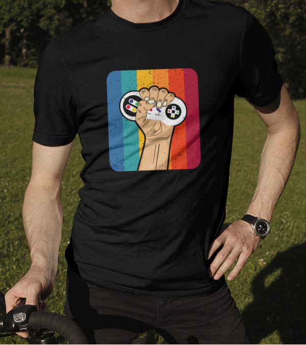 Retro Rainbow Fist Holding Game Controller T-Shirt