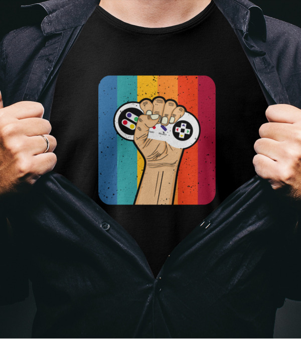 Retro Rainbow Fist Holding Game Controller T-Shirt