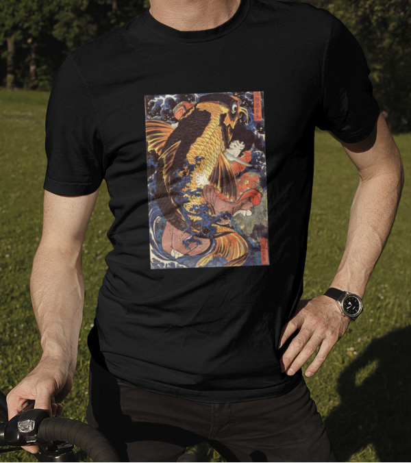 Samurai Embrace With Majestic Koi In Traditional Ukiyo-e T-Shirt