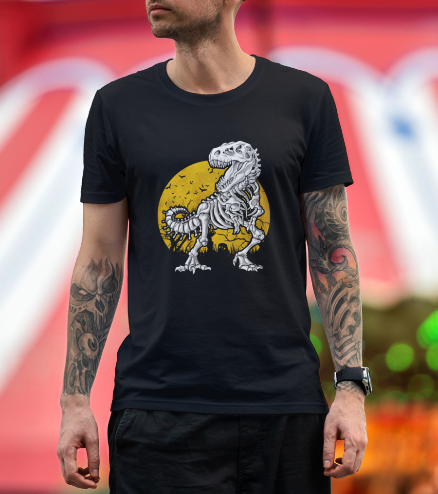 Dinosaur Bones Skeleton T-Rex Silhouette with Moon Background T-Shirt