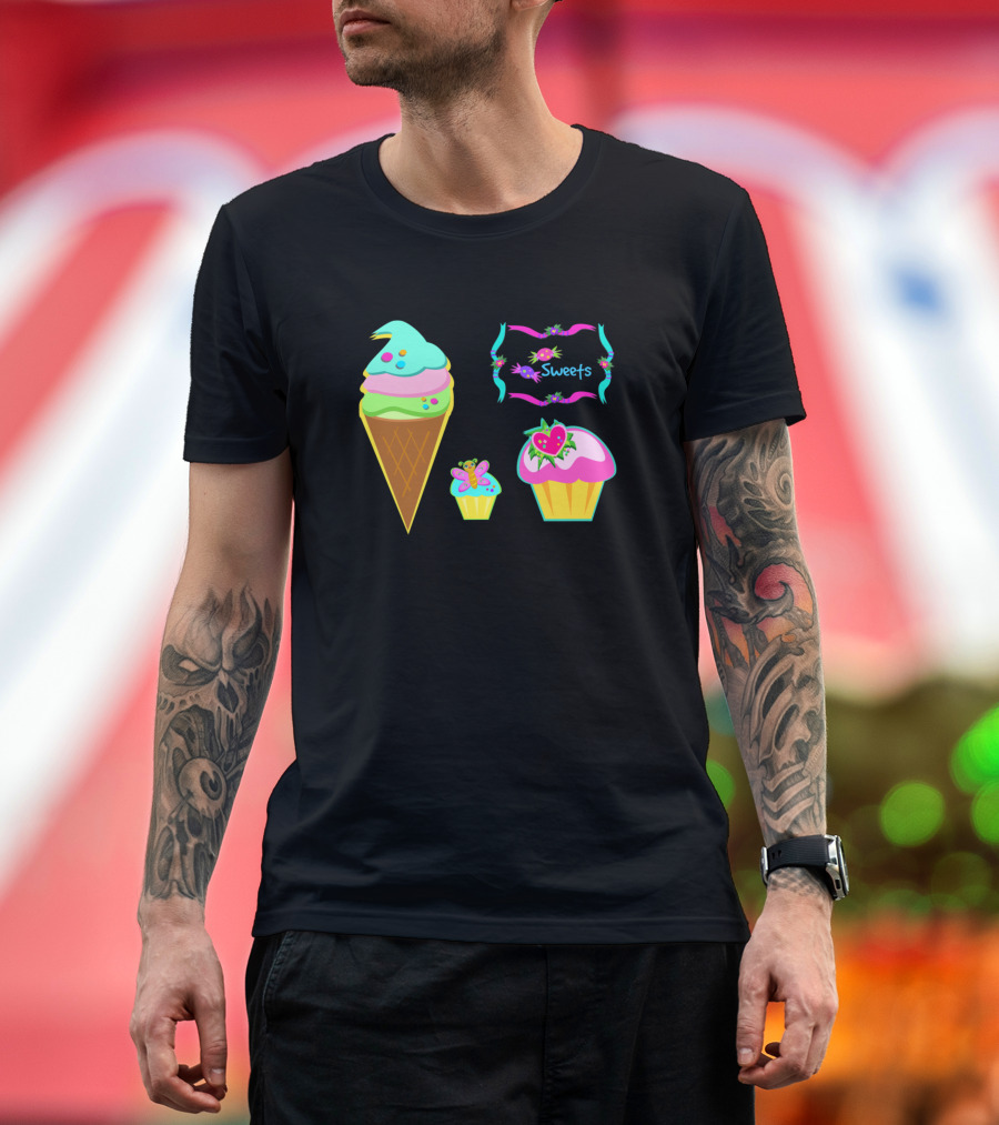 Sweets Ice Cream and Cupcakes with Butterflies and Flowers T-Shirt