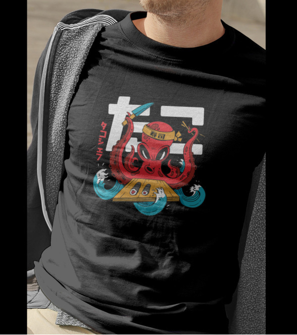 Tako Sushi Chef Octopus With Knife Chopsticks And Sushi Rolls T-Shirt