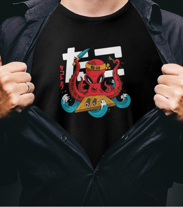 Tako Sushi Chef Octopus With Knife Chopsticks And Sushi Rolls T-Shirt