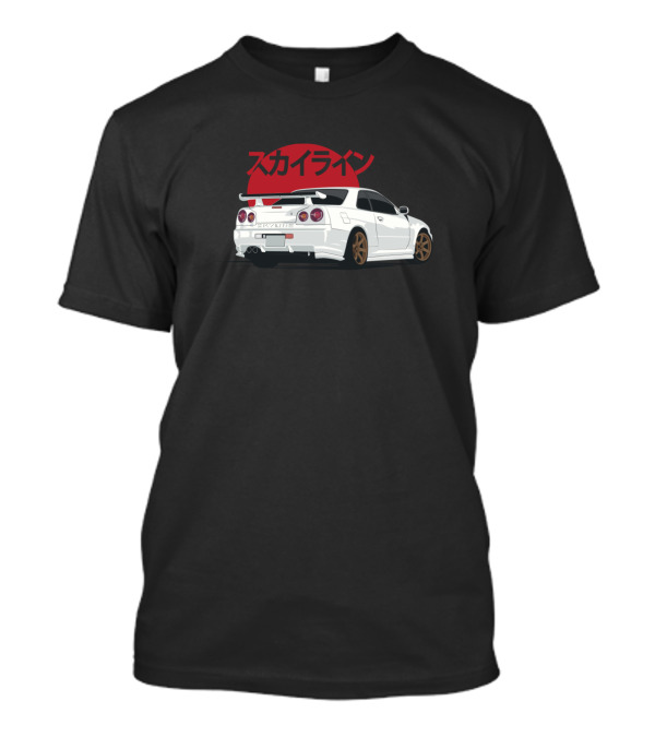 Skyline GT-R R34 White Car With Japanese Text And Red Sun T-Shirt