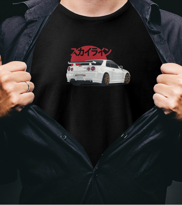Skyline GT-R R34 White Car With Japanese Text And Red Sun T-Shirt