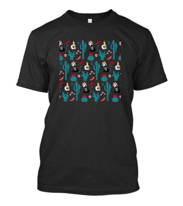 Day Of The Dead Skeleton And Cactus Pattern With Skulls And Flowers T-Shirt
