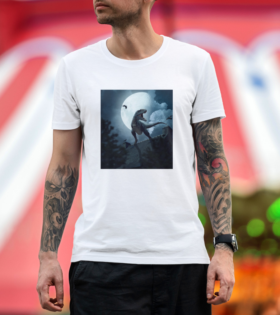 Jurassic Park T-Rex Roaring at Full Moon Night Scene T-Shirt