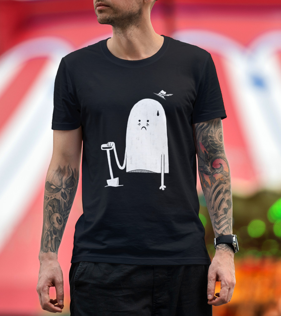 Repented Ghost Holding Shovel with Sad Expression and Floating Fedora T-Shirt
