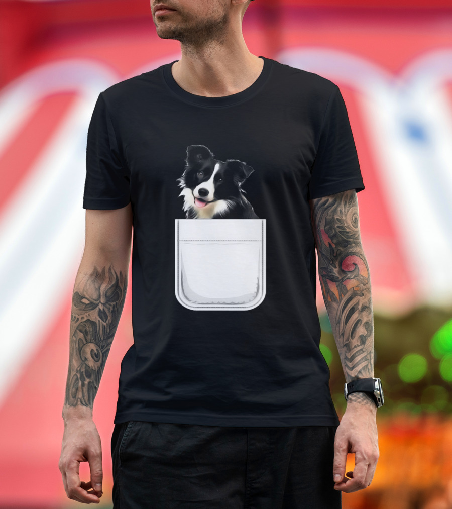Border Collie Puppy Dog Peeking from Pocket T-Shirt